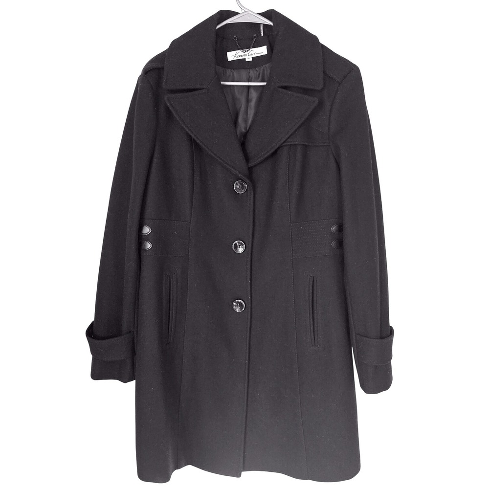 Kenneth Cole New York Black‎ Wool Pea Coat Buckles Women 14 Chic Luxury New York